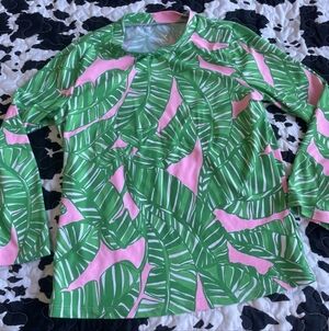 Lilly Pulitzer Girls Size 14 Swim Top Cropped 3/4 Sleeves Tropical Leaves